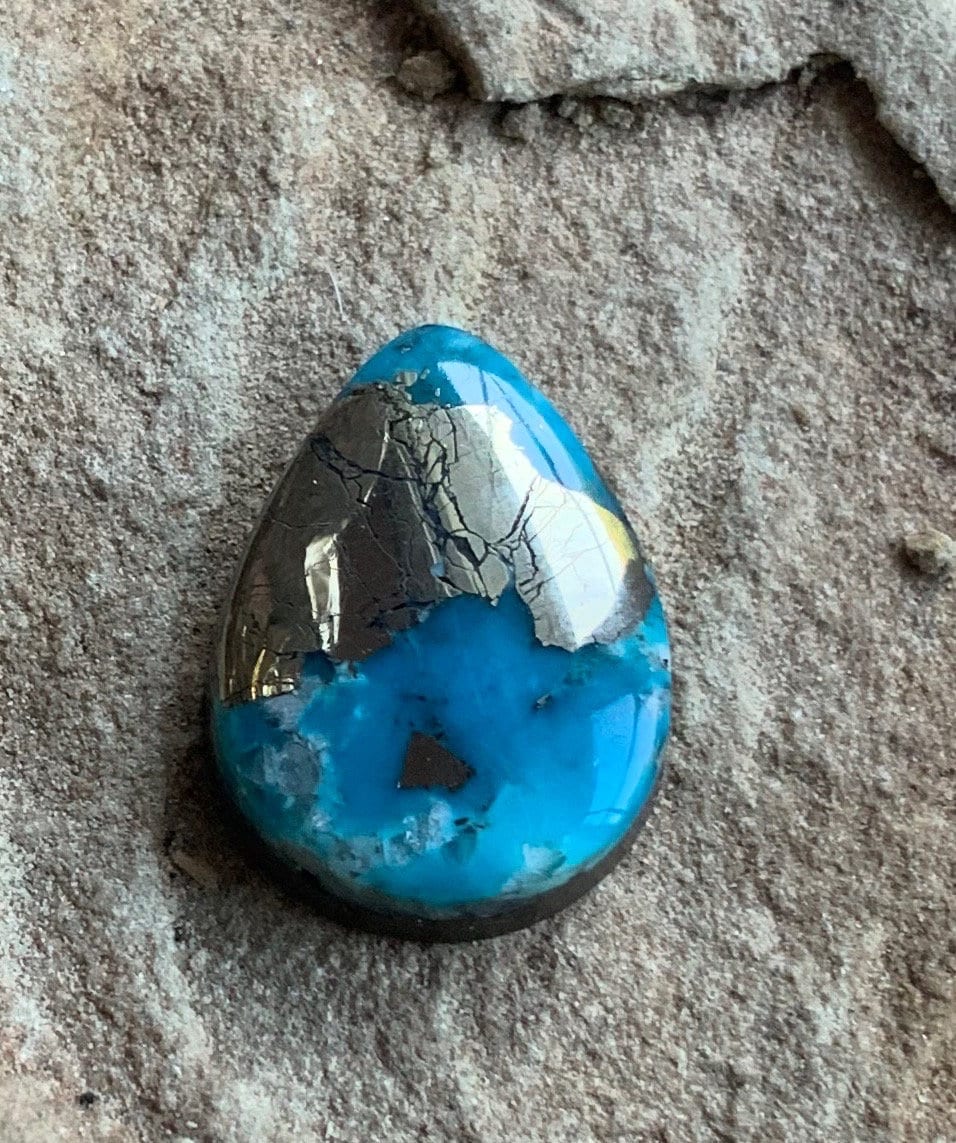Beautiful High Grade Ithaca Peak Turquoise Teardrop Cabochon With Silver Pyrite & Quartz Inclusions
