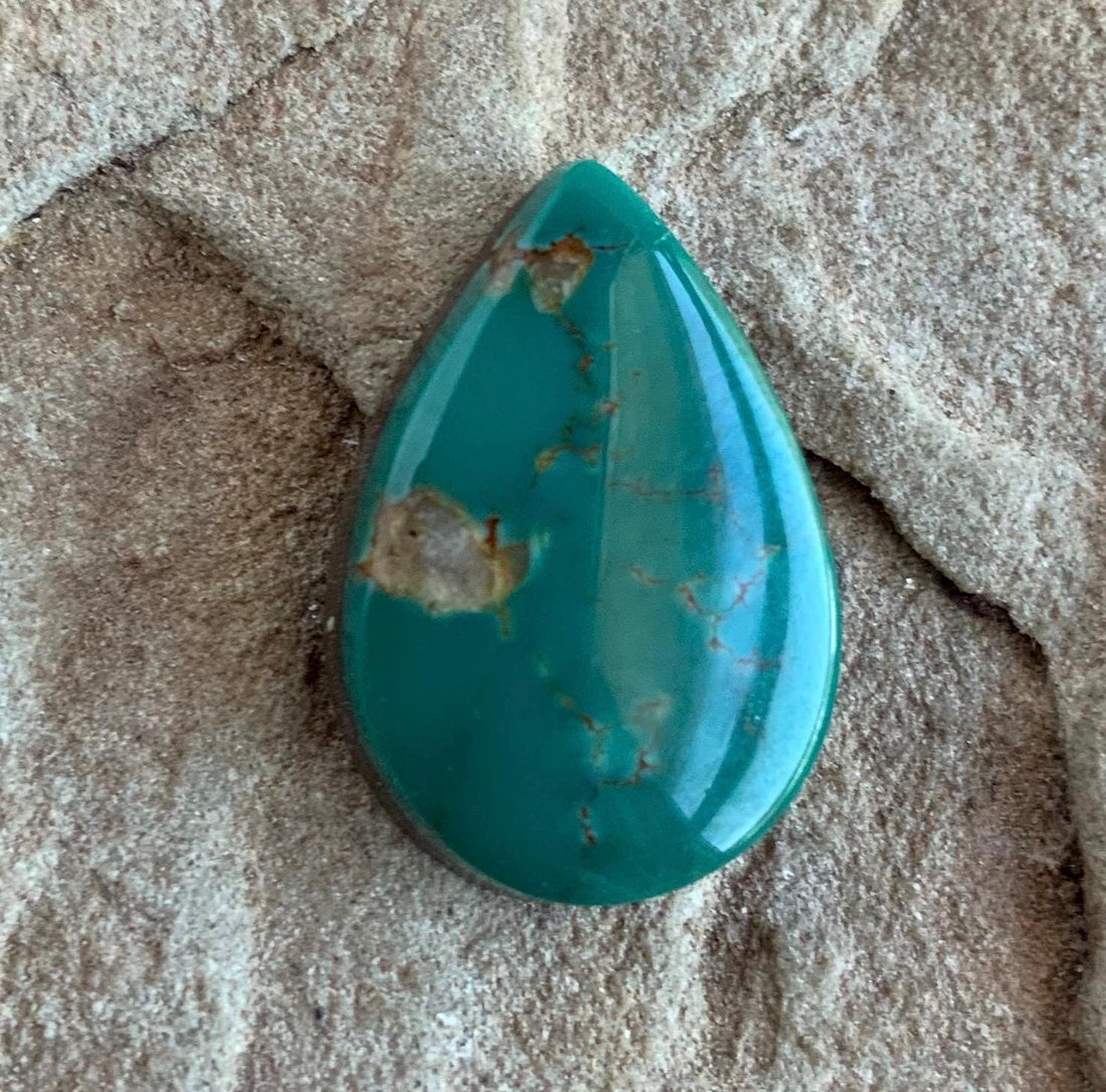 Beautiful Royston Turquoise Green Teardrop Cabochon With Quartz Inclusions