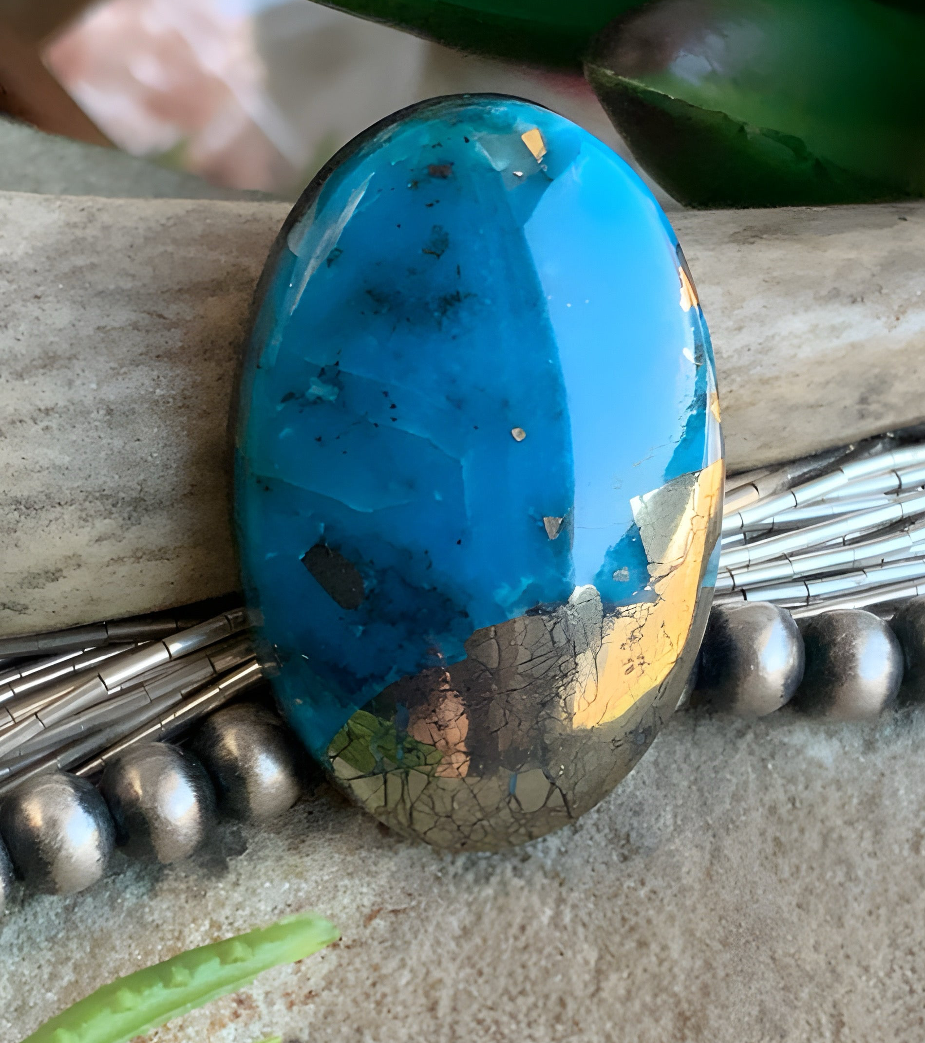 Ithaca Peak Turquoise High Grade Oval Cabochon With Pyrite-Arizona Gemstone #IP121