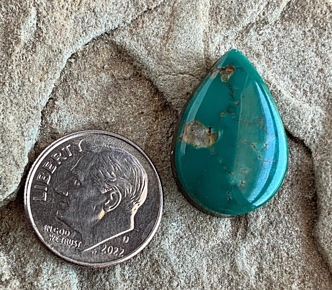 Beautiful Royston Turquoise Green Teardrop Cabochon With Quartz Inclusions