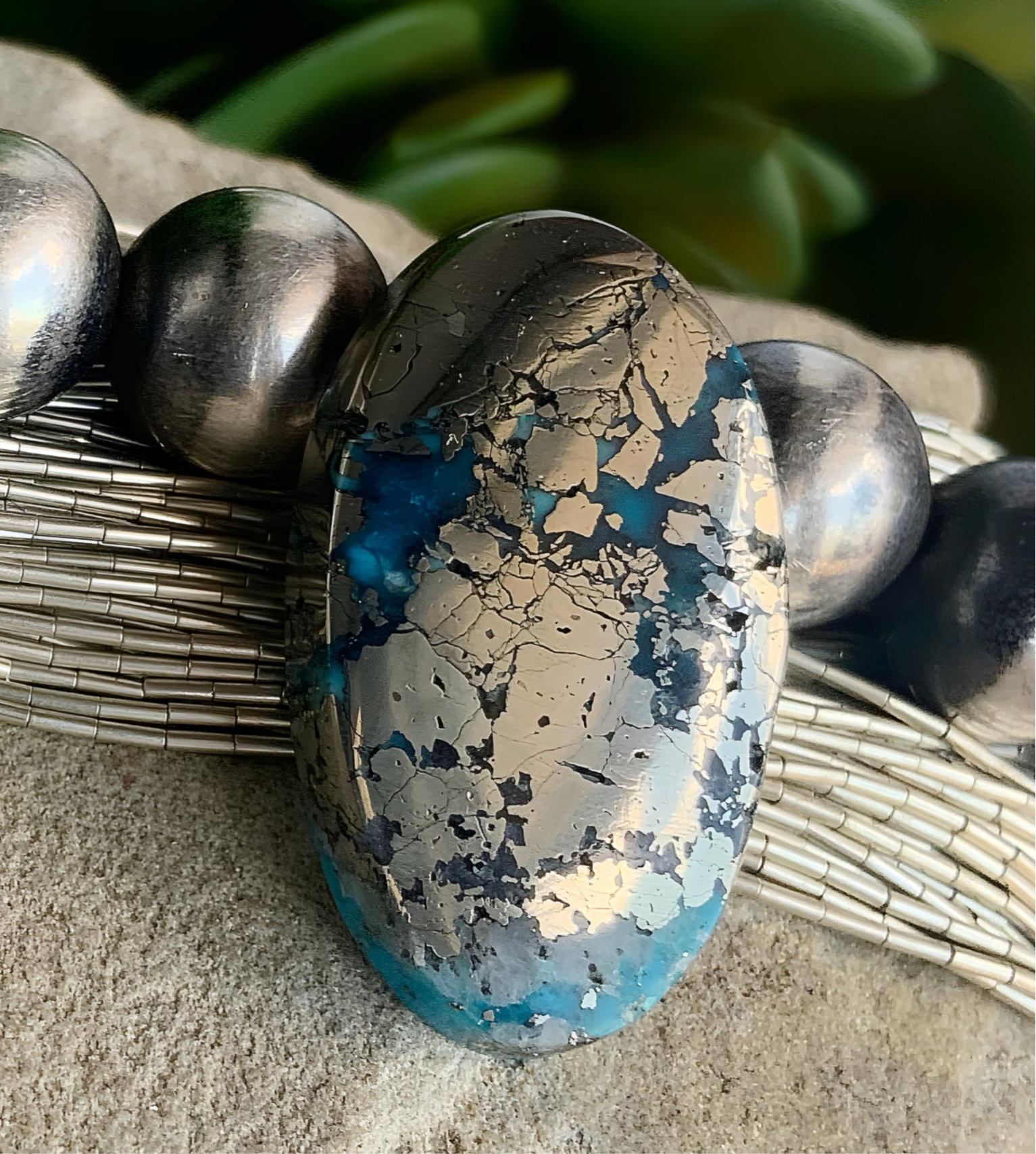 Persian Turquoise Oval Gemstone With Silver Pyrite