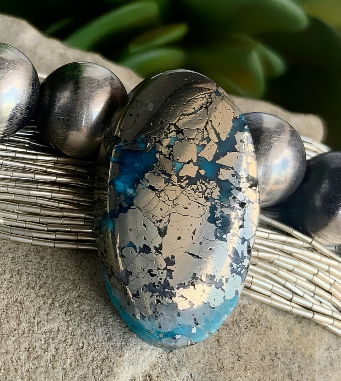 Persian Turquoise Oval Gemstone With Silver Pyrite