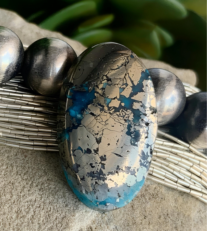 Persian Turquoise Oval Gemstone With Silver Pyrite
