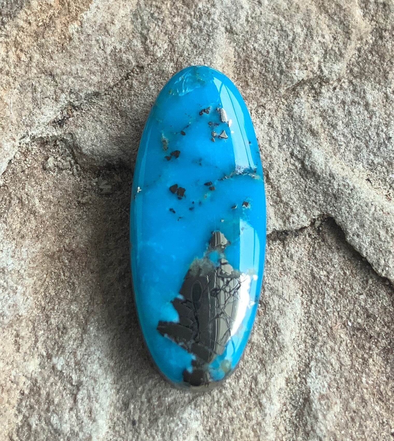 Ithaca Peak Turquoise High Grade Long Oval Cabochon With Silver Pyrite #IP118