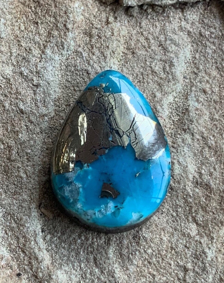 Beautiful High Grade Ithaca Peak Turquoise Teardrop Cabochon With Silver Pyrite & Quartz Inclusions