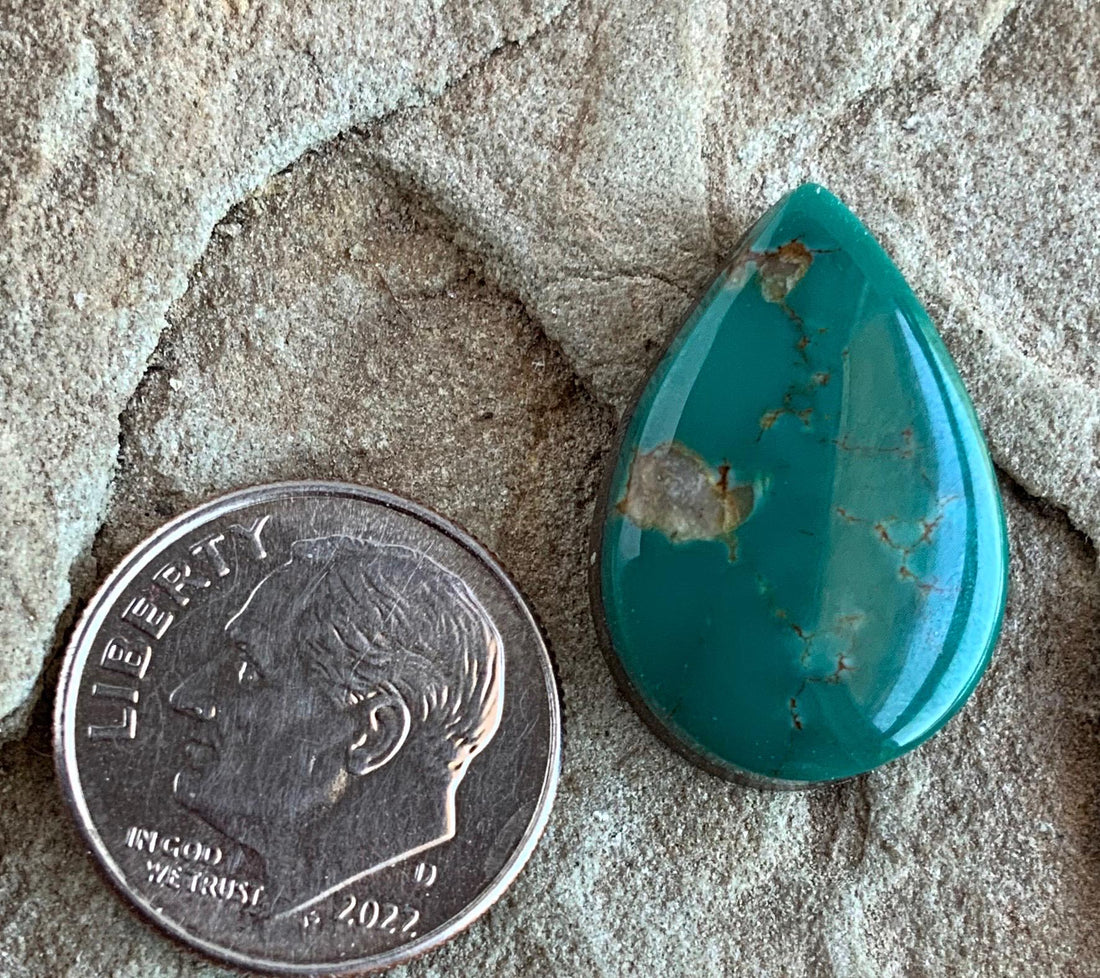 Beautiful Royston Turquoise Green Teardrop Cabochon With Quartz Inclusions