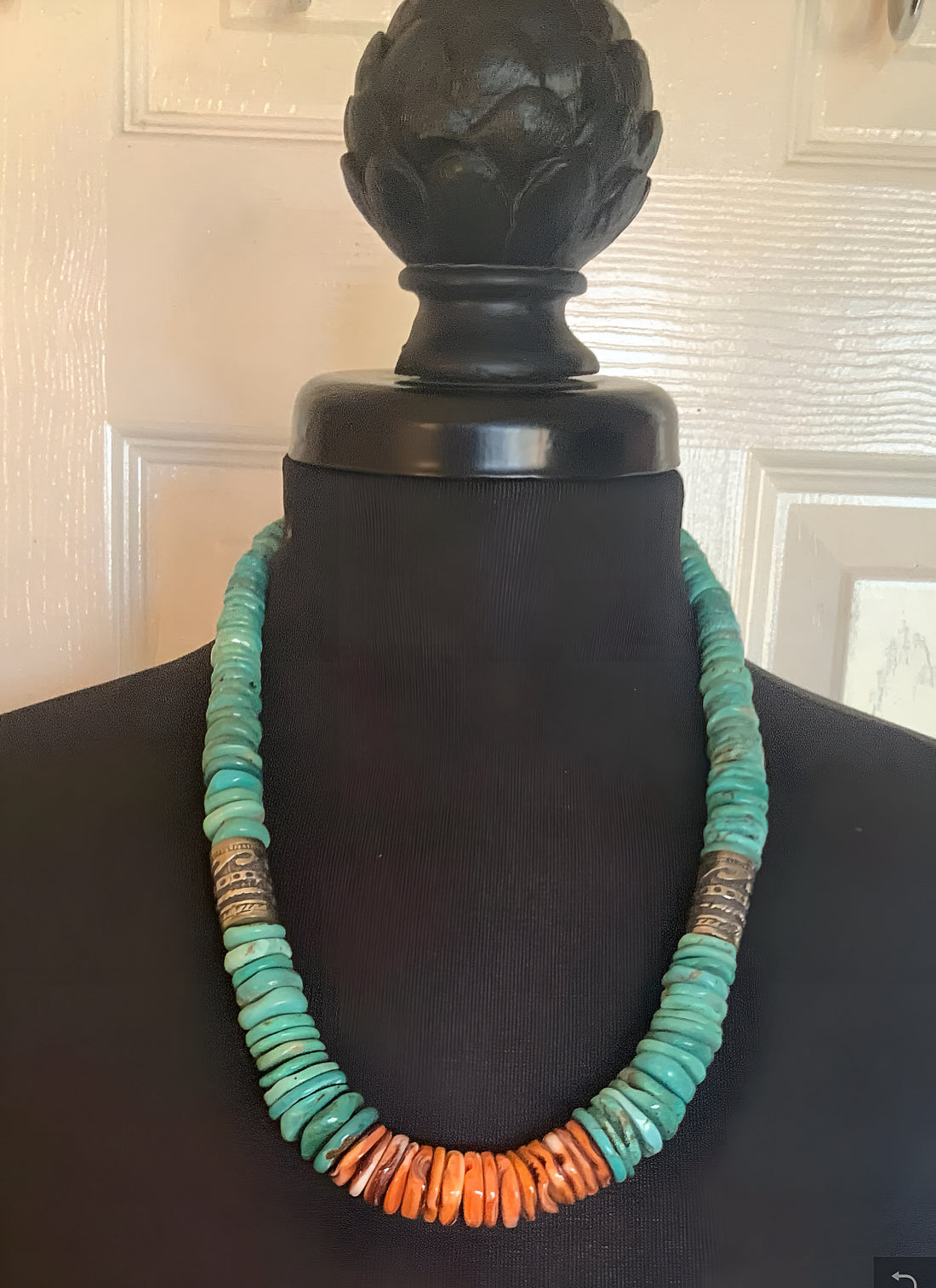 Turquoise and Spiny Oyster Graduated Disc Bead Necklace With Sterling Silver Singer Type Southwestern Beads