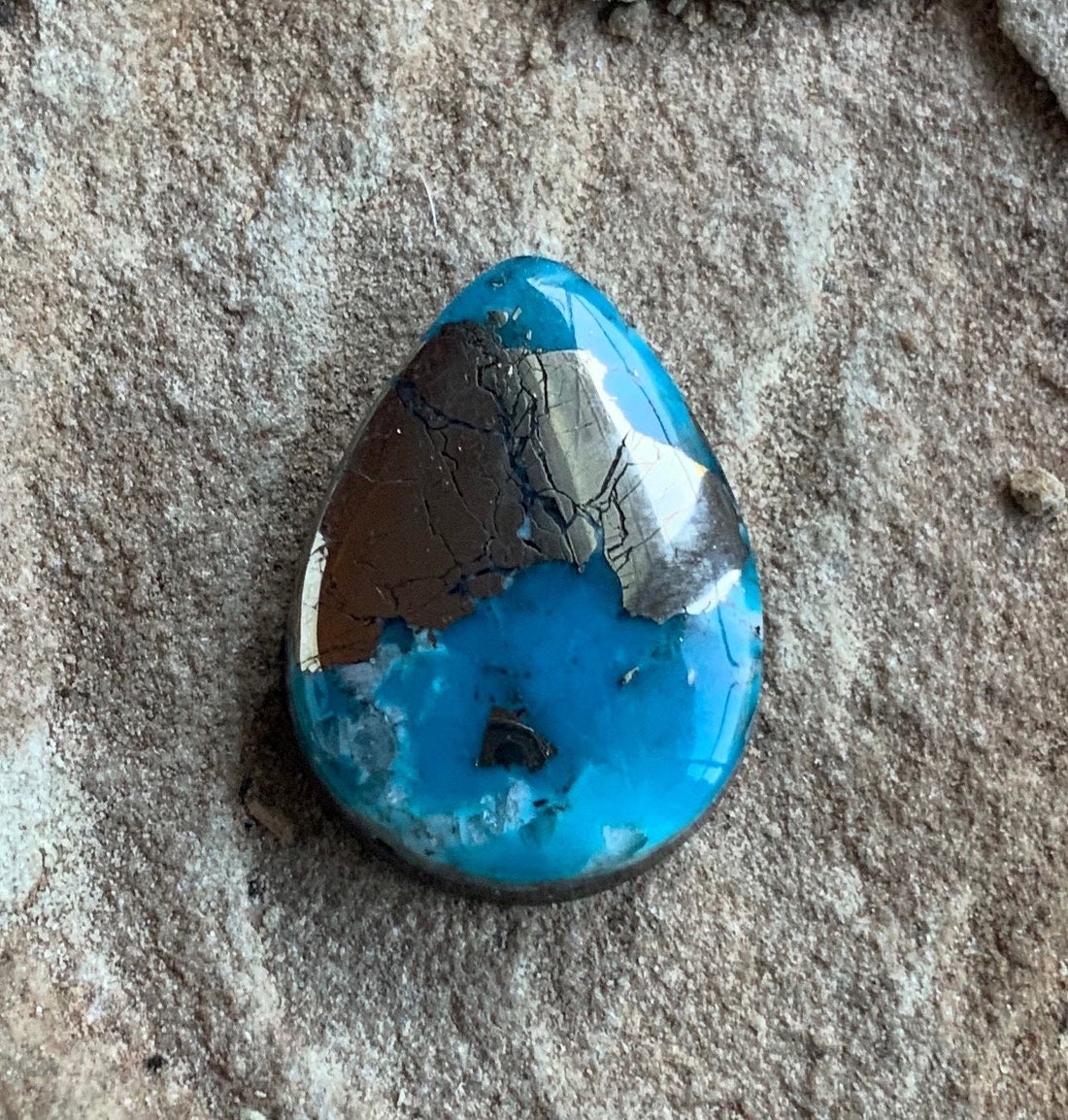 Beautiful High Grade Ithaca Peak Turquoise Teardrop Cabochon With Silver Pyrite & Quartz Inclusions