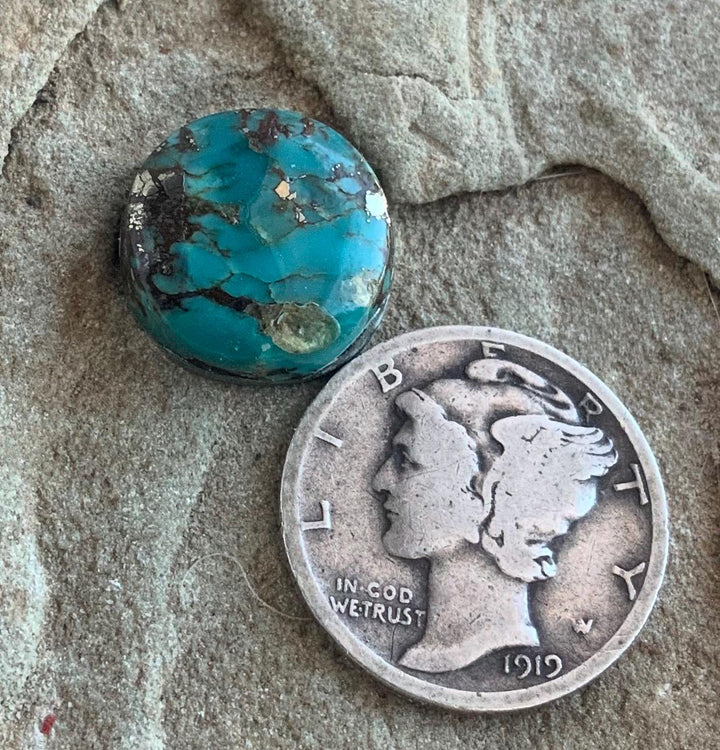 Natural Kingman Turquoise Small Round Cabochon with Silver Pyrite