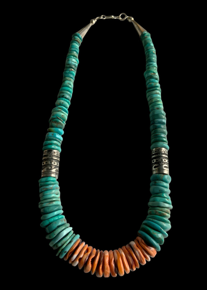 Turquoise and Spiny Oyster Graduated Disc Bead Necklace With Sterling Silver Singer Type Southwestern Beads