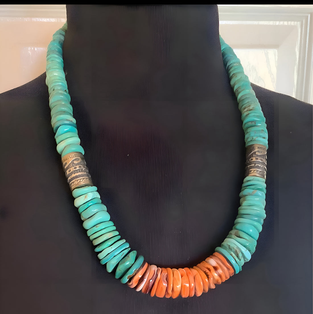 Turquoise and Spiny Oyster Graduated Disc Bead Necklace With Sterling Silver Singer Type Southwestern Beads