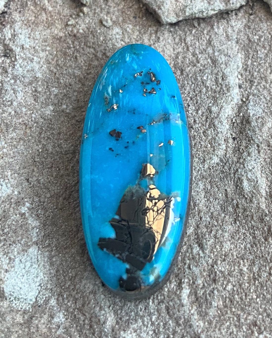 Beautiful Blue High Grade Ithaca Peak Turquoise Long Oval Cabochon With Silver Pyrite