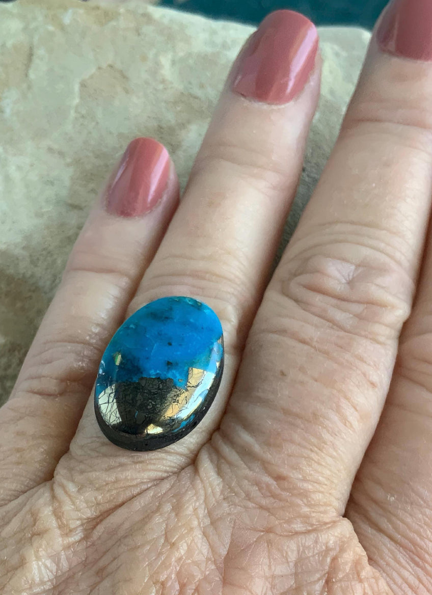 Ithaca Peak Turquoise High Grade Oval Cabochon With Pyrite-Arizona Gemstone #IP121