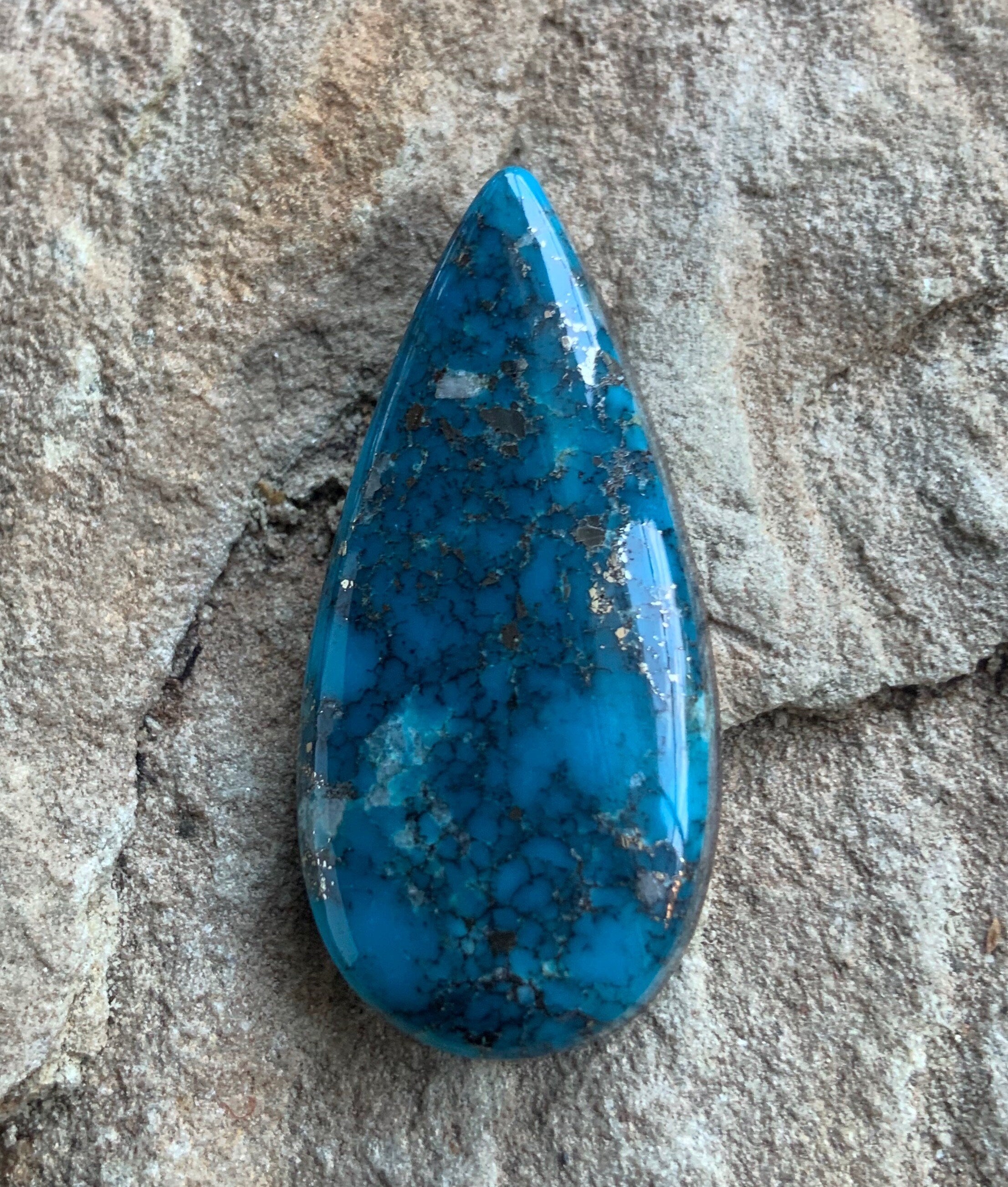 Beautiful High Grade Ithaca Peak Turquoise Teardrop Cabochon With Silver Pyrite & Quartz Inclusions