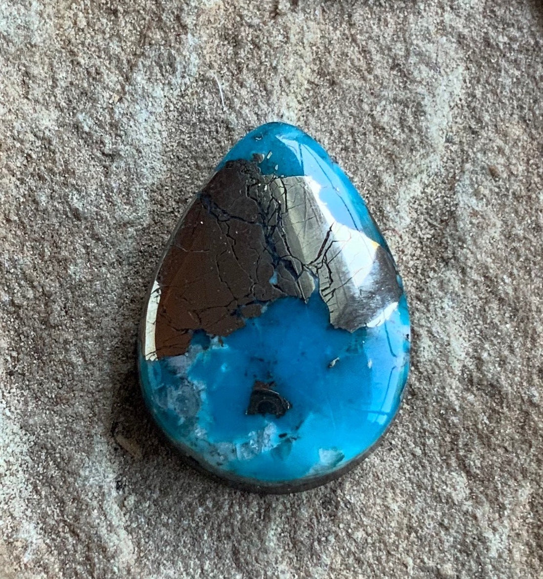 Beautiful High Grade Ithaca Peak Turquoise Teardrop Cabochon With Silver Pyrite & Quartz Inclusions
