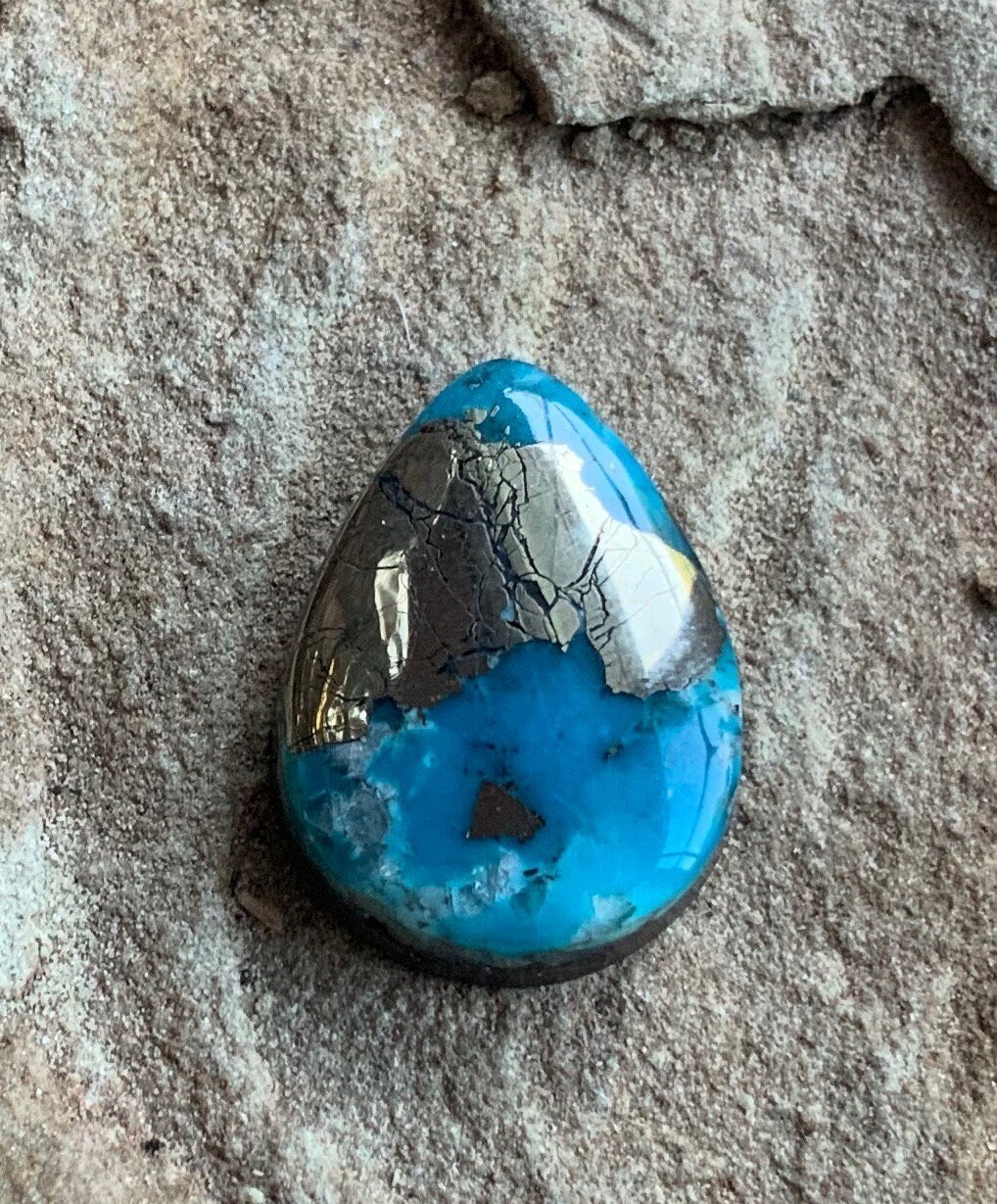 Beautiful High Grade Ithaca Peak Turquoise Teardrop Cabochon With Silver Pyrite & Quartz Inclusions