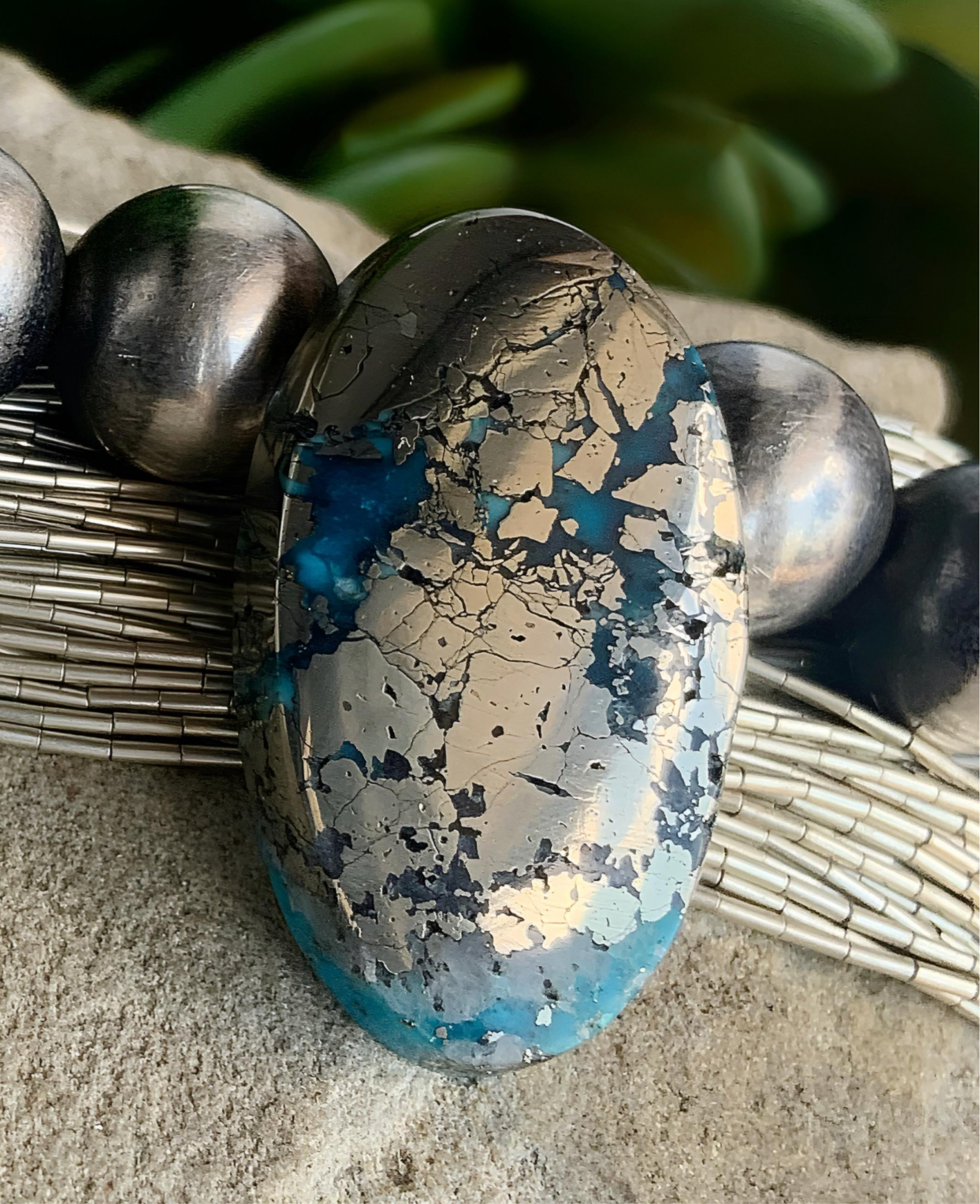 Persian Turquoise Oval Gemstone With Silver Pyrite