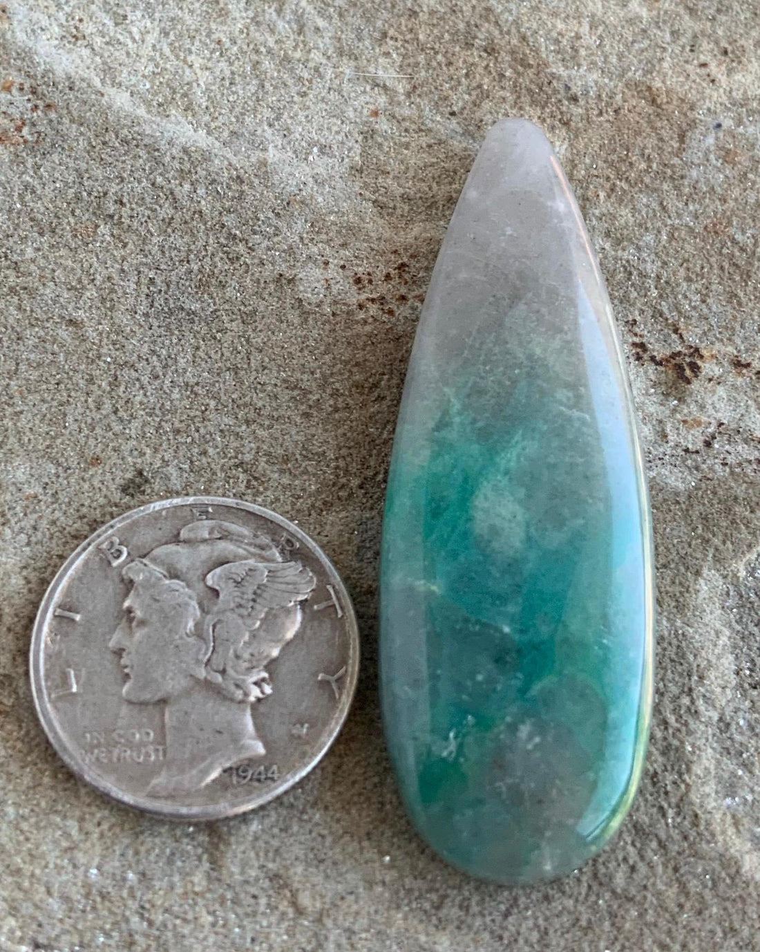 Gorgeous Chrysocolla In Quartz Elongated Teardrop Cabochon