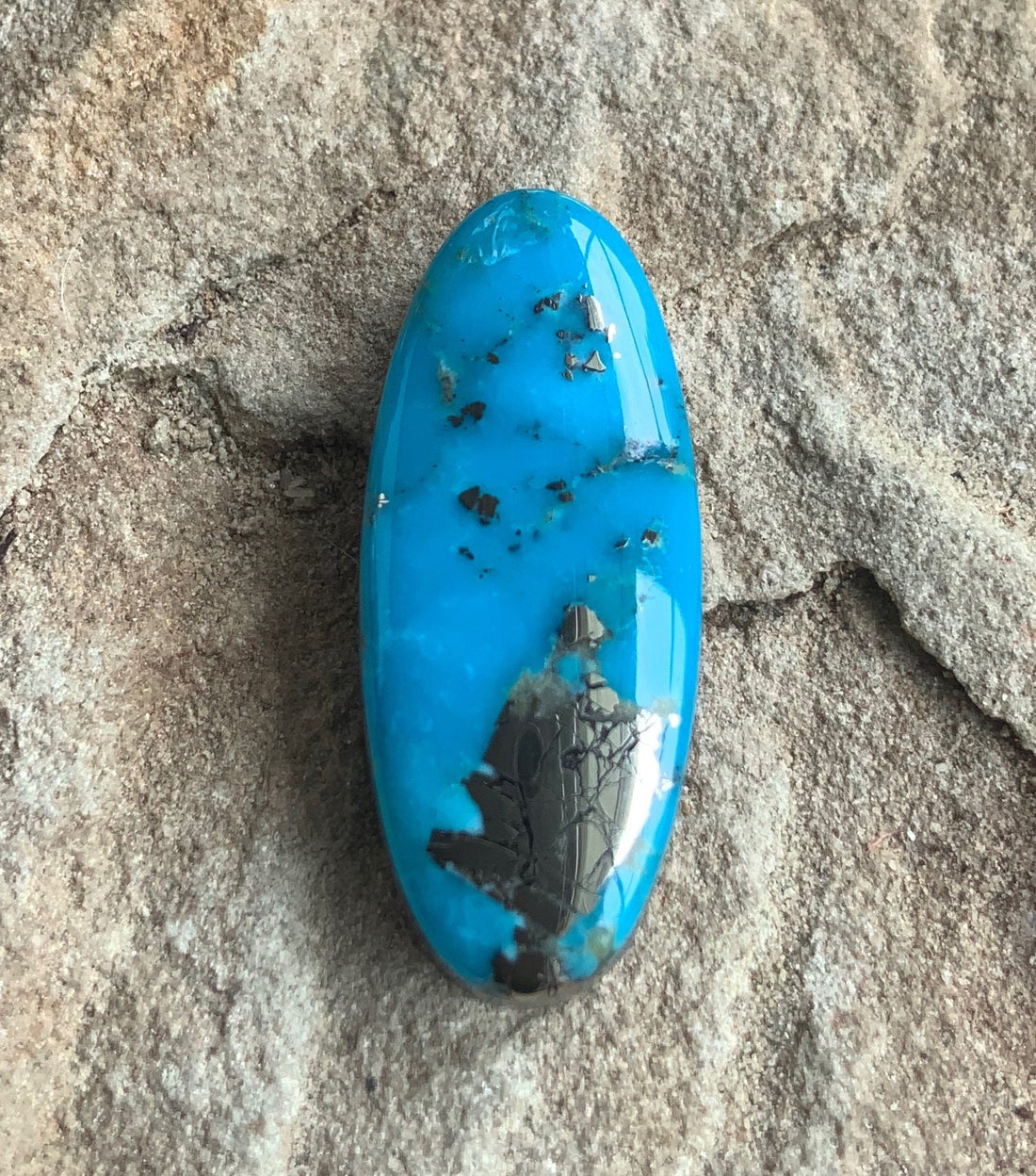 Beautiful Blue High Grade Ithaca Peak Turquoise Long Oval Cabochon With Silver Pyrite