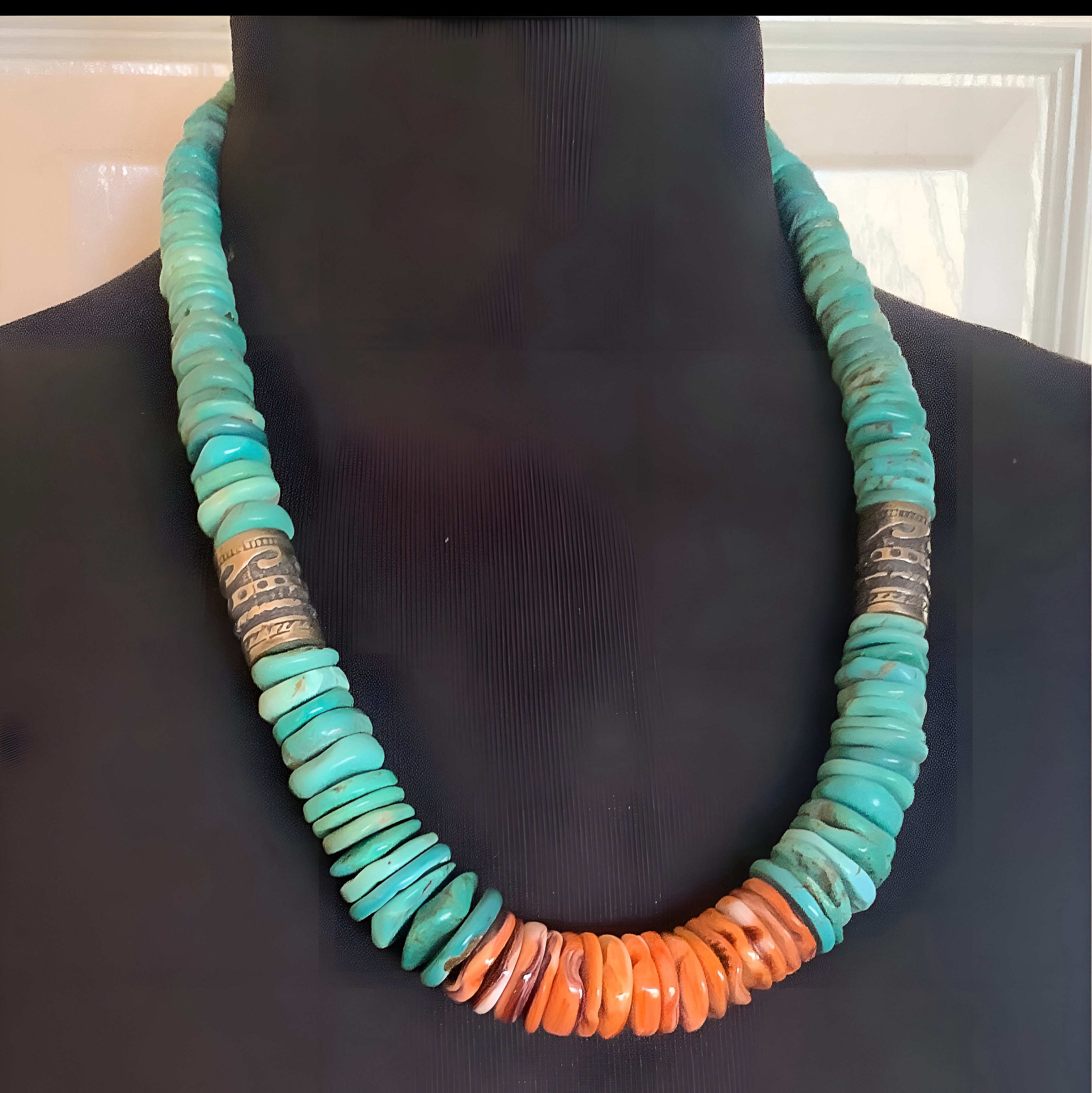 Turquoise and Spiny Oyster Graduated Disc Bead Necklace With Sterling Silver Singer Type Southwestern Beads