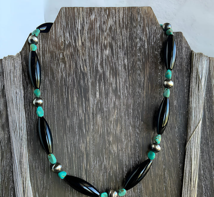 Southwest Style Necklace with Black Onyx, Turquoise and Sterling Silver