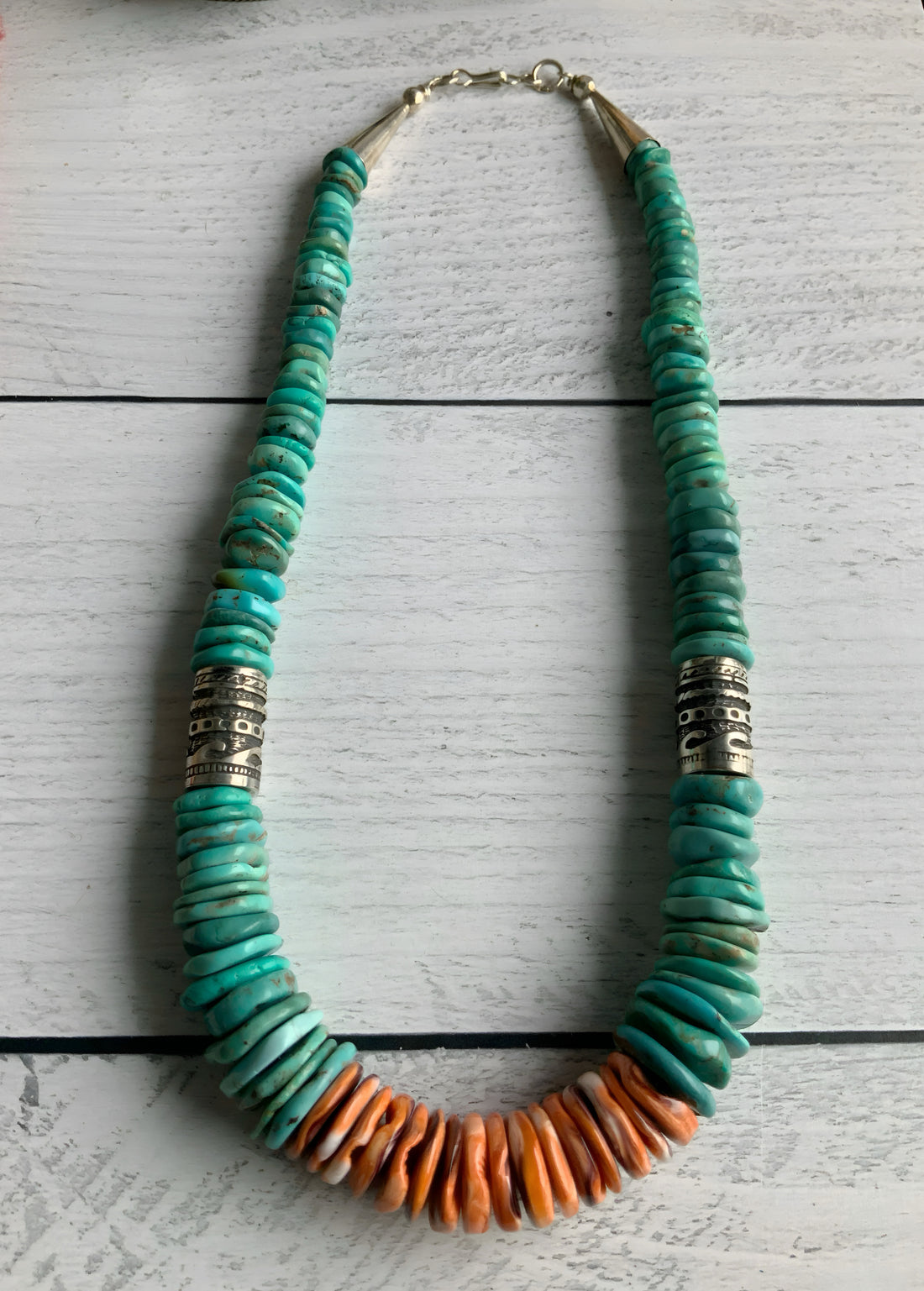 Turquoise and Spiny Oyster Graduated Disc Bead Necklace With Sterling Silver Singer Type Southwestern Beads