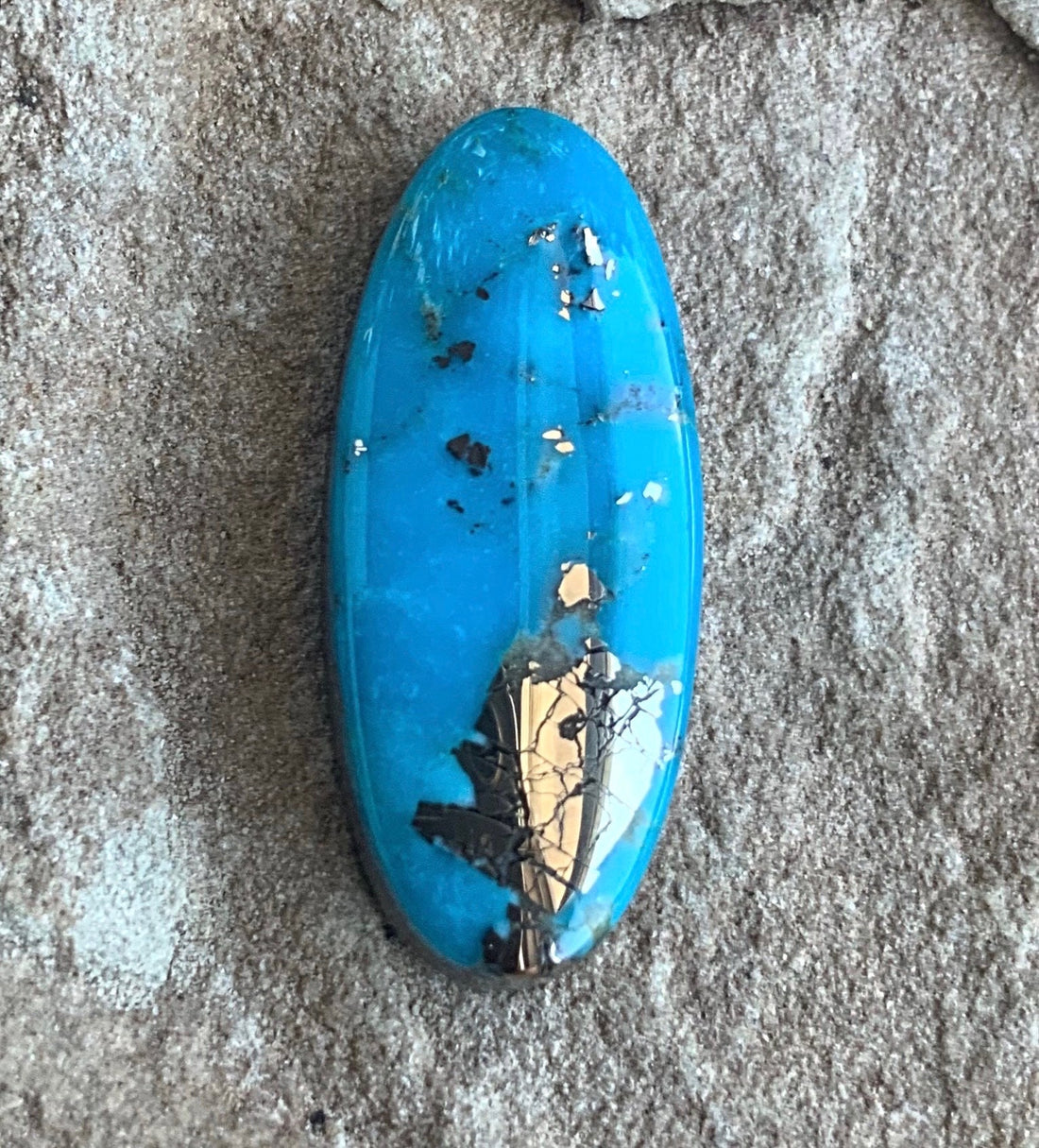 Beautiful Blue High Grade Ithaca Peak Turquoise Long Oval Cabochon With Silver Pyrite