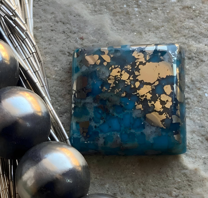 Persian Turquoise Square Gemstone With Silver Pyrite