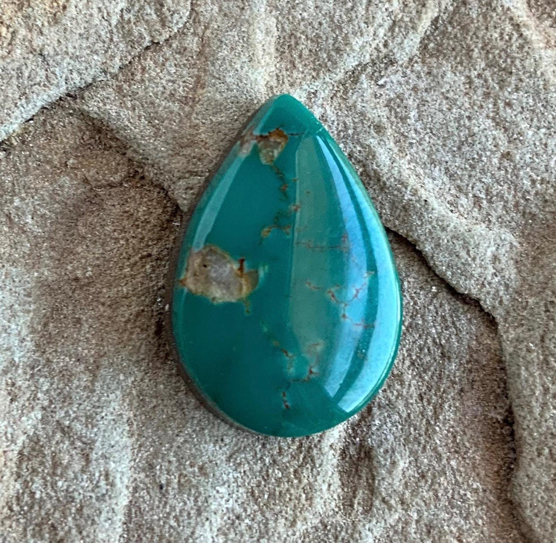 Beautiful Royston Turquoise Green Teardrop Cabochon With Quartz Inclusions