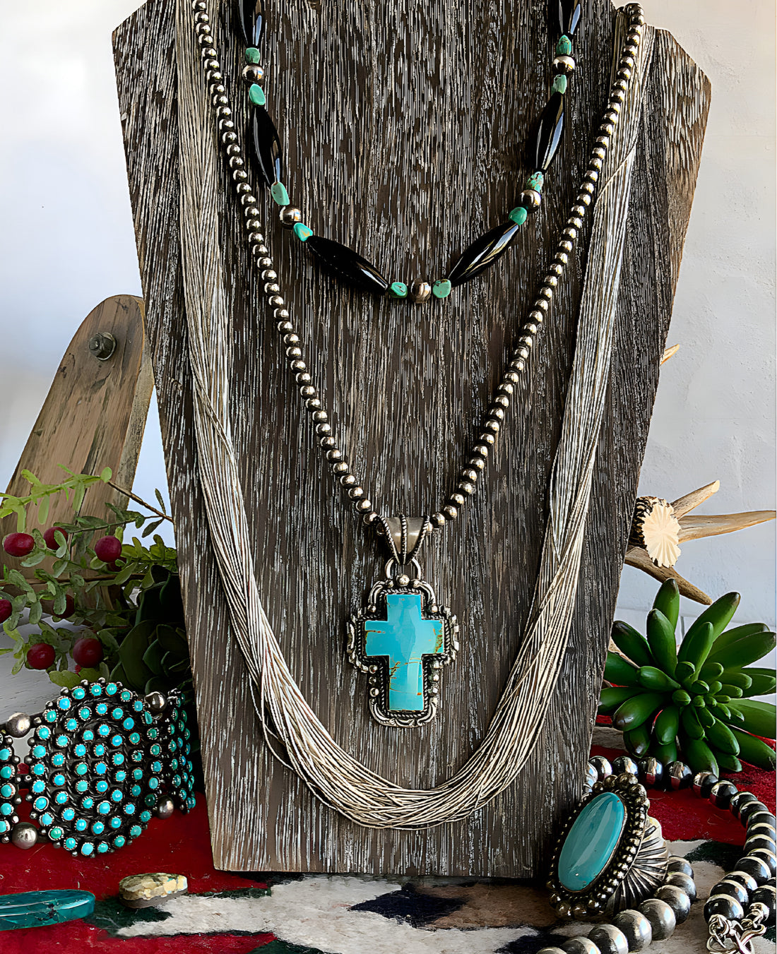Southwest Style Necklace with Black Onyx, Turquoise and Sterling Silver