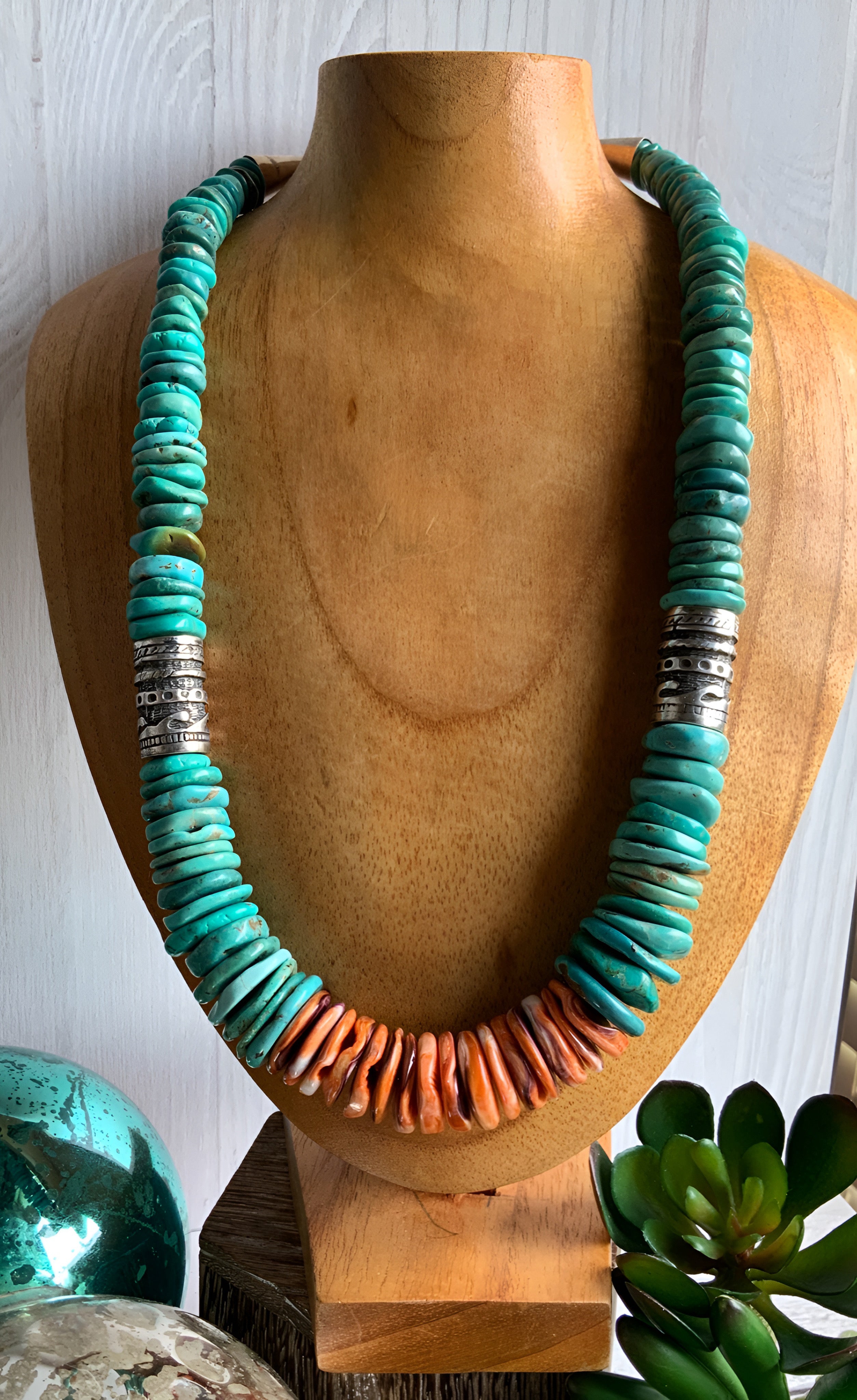 Turquoise and Spiny Oyster Graduated Disc Bead Necklace With Sterling Silver Singer Type Southwestern Beads