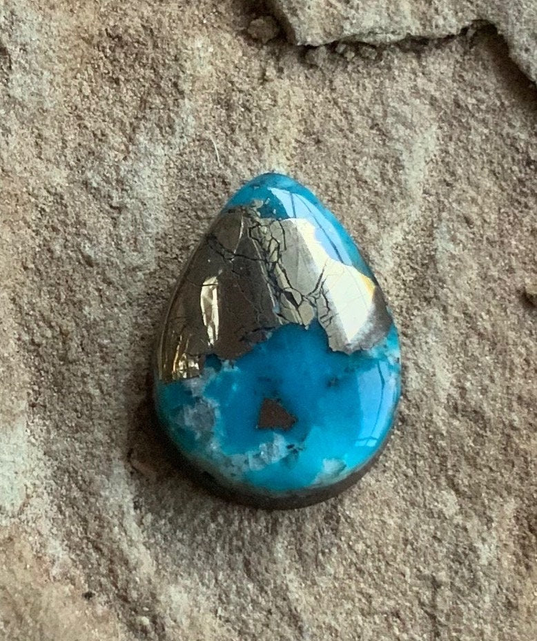 Beautiful High Grade Ithaca Peak Turquoise Teardrop Cabochon With Silver Pyrite & Quartz Inclusions