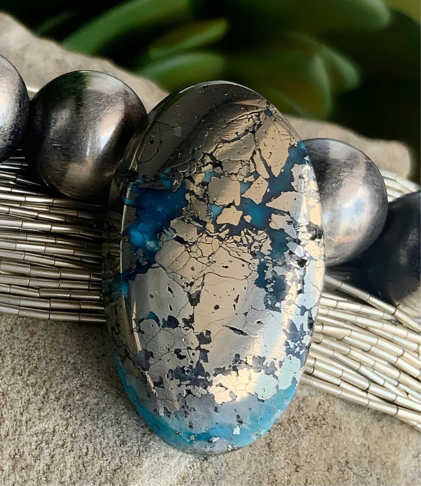 Persian Turquoise Oval Gemstone With Silver Pyrite