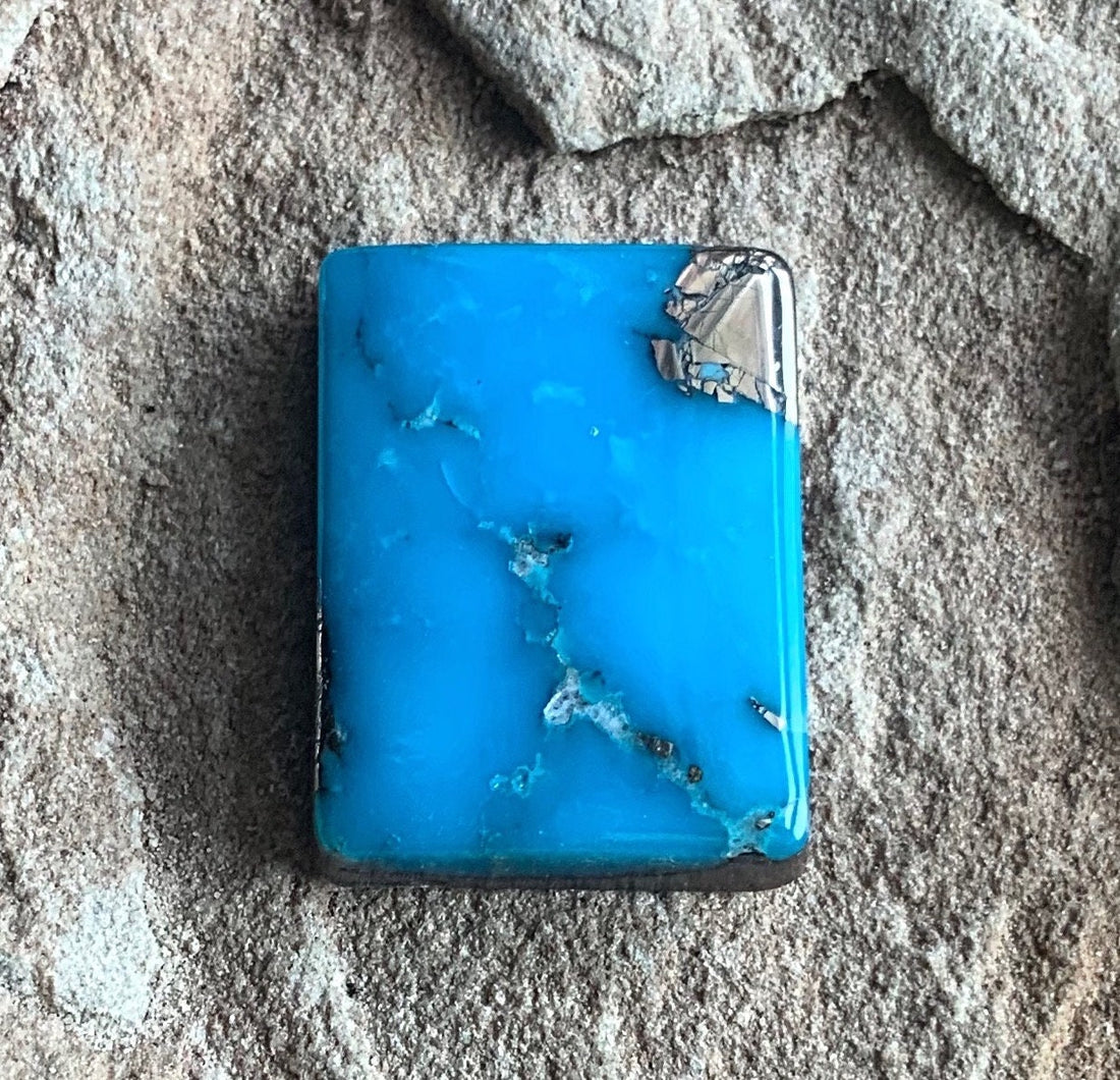 Beautiful Blue High Grade Ithaca Peak Turquoise Rectangle Cabochon With Silver Pyrite P143