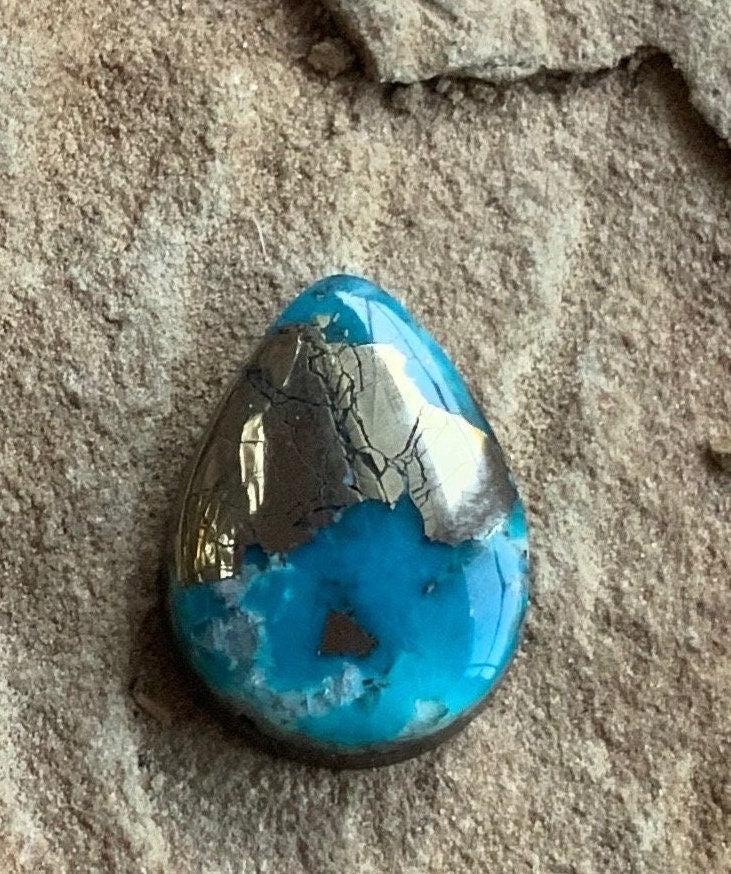 Beautiful High Grade Ithaca Peak Turquoise Teardrop Cabochon With Silver Pyrite & Quartz Inclusions