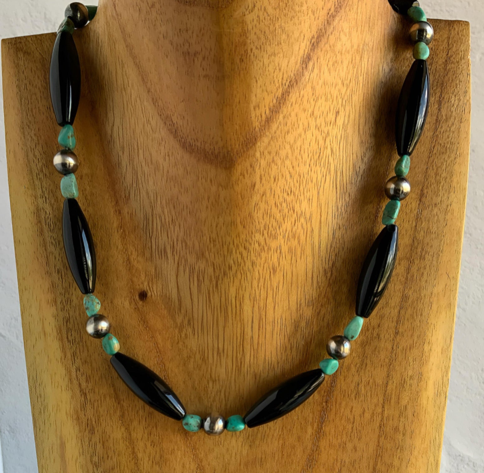 Southwest Style Necklace with Black Onyx, Turquoise and Sterling Silver
