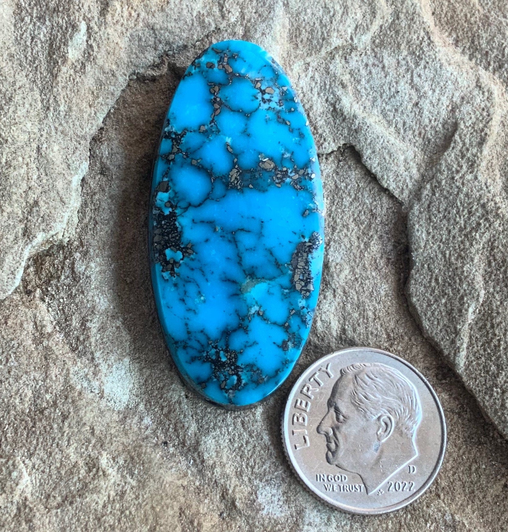 Ithaca Peak Turquoise High Grade Large Oval Cabochon With Silver Pyrite #IP120