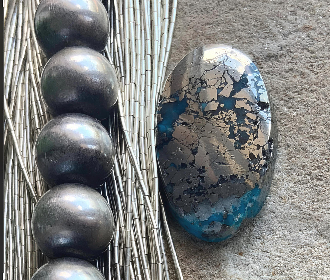 Persian Turquoise Oval Gemstone With Silver Pyrite