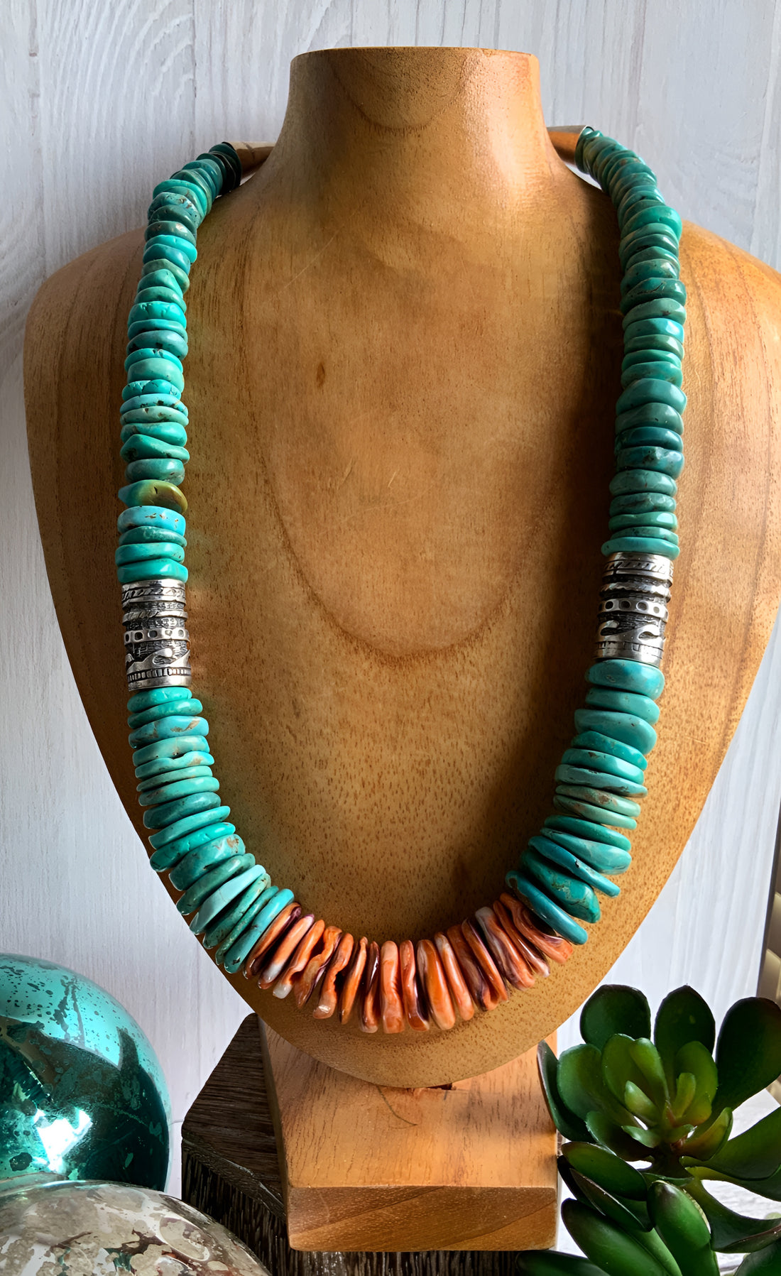 Turquoise and Spiny Oyster Graduated Disc Bead Necklace With Sterling Silver Singer Type Southwestern Beads