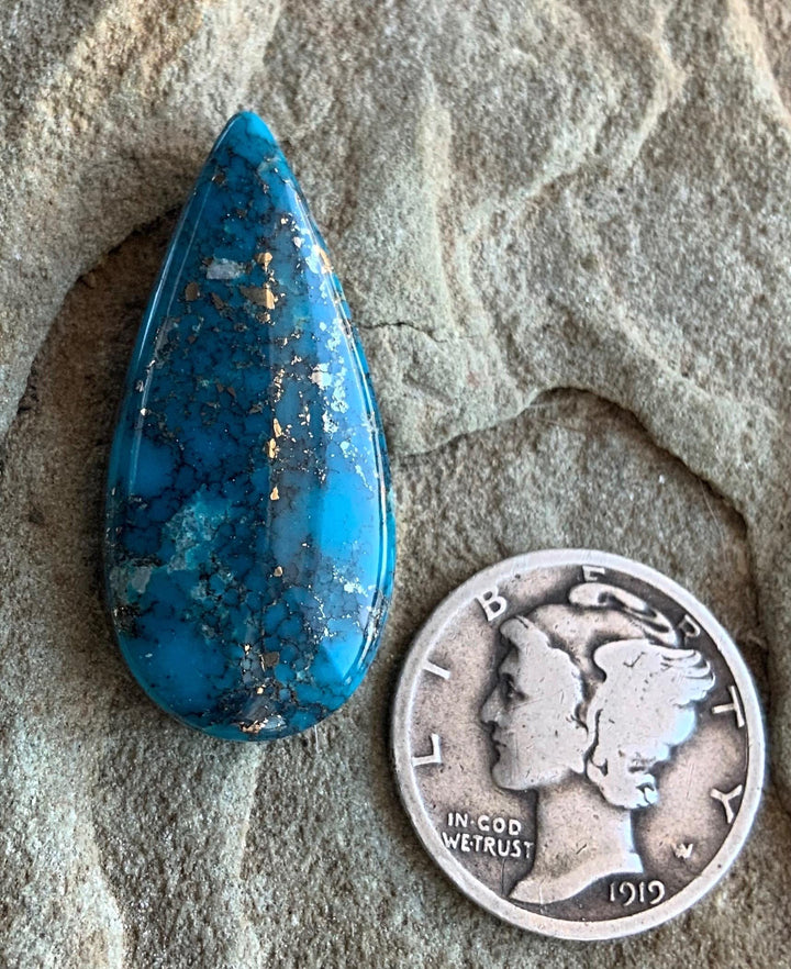 Beautiful High Grade Ithaca Peak Turquoise Teardrop Cabochon With Silver Pyrite & Quartz Inclusions