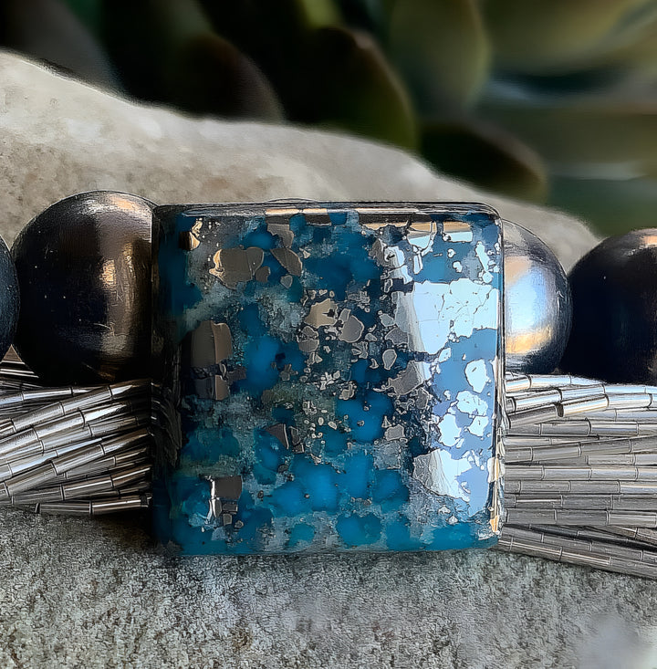 Persian Turquoise Square Gemstone With Silver Pyrite