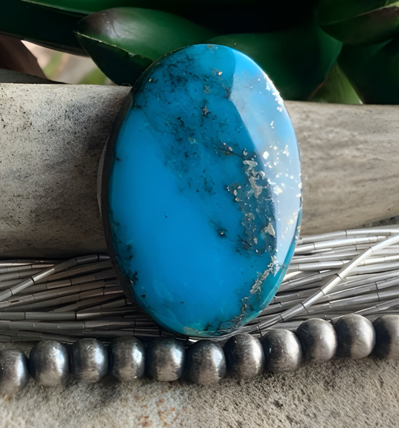 Ithaca Peak Turquoise High Grade Blue Oval Cabochon With Silver Pyrite #IP104
