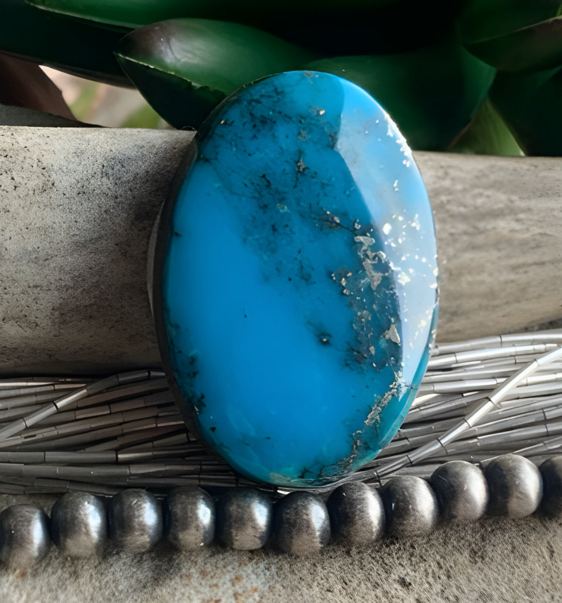 Ithaca Peak Turquoise High Grade Blue Oval Cabochon With Silver Pyrite #IP104