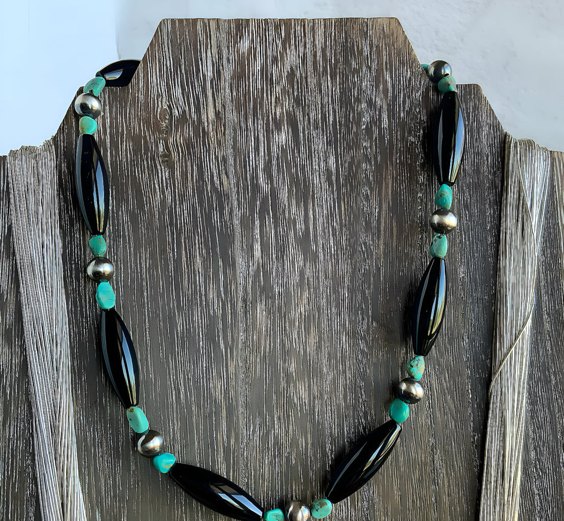 Southwest Style Necklace with Black Onyx, Turquoise and Sterling Silver