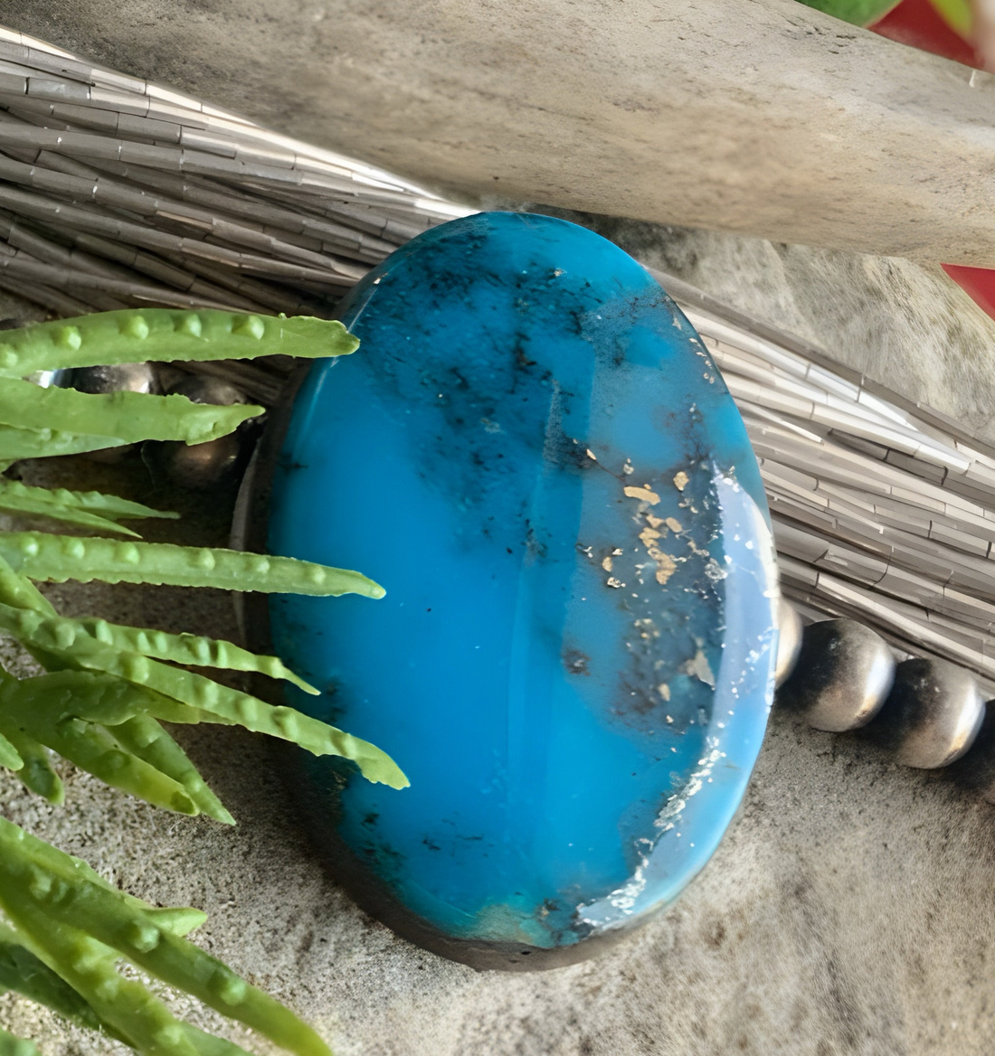 Ithaca Peak Turquoise High Grade Blue Oval Cabochon With Silver Pyrite #IP104