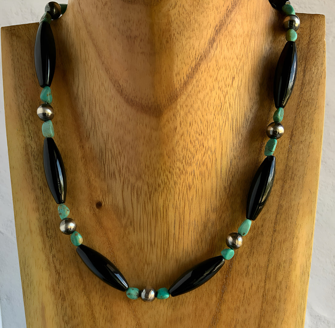 Southwest Style Necklace with Black Onyx, Turquoise and Sterling Silver