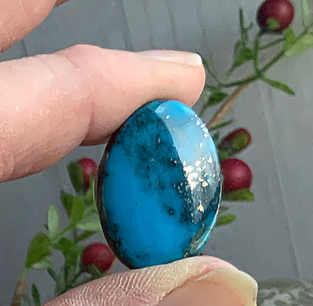 Ithaca Peak Turquoise High Grade Blue Oval Cabochon With Silver Pyrite #IP104