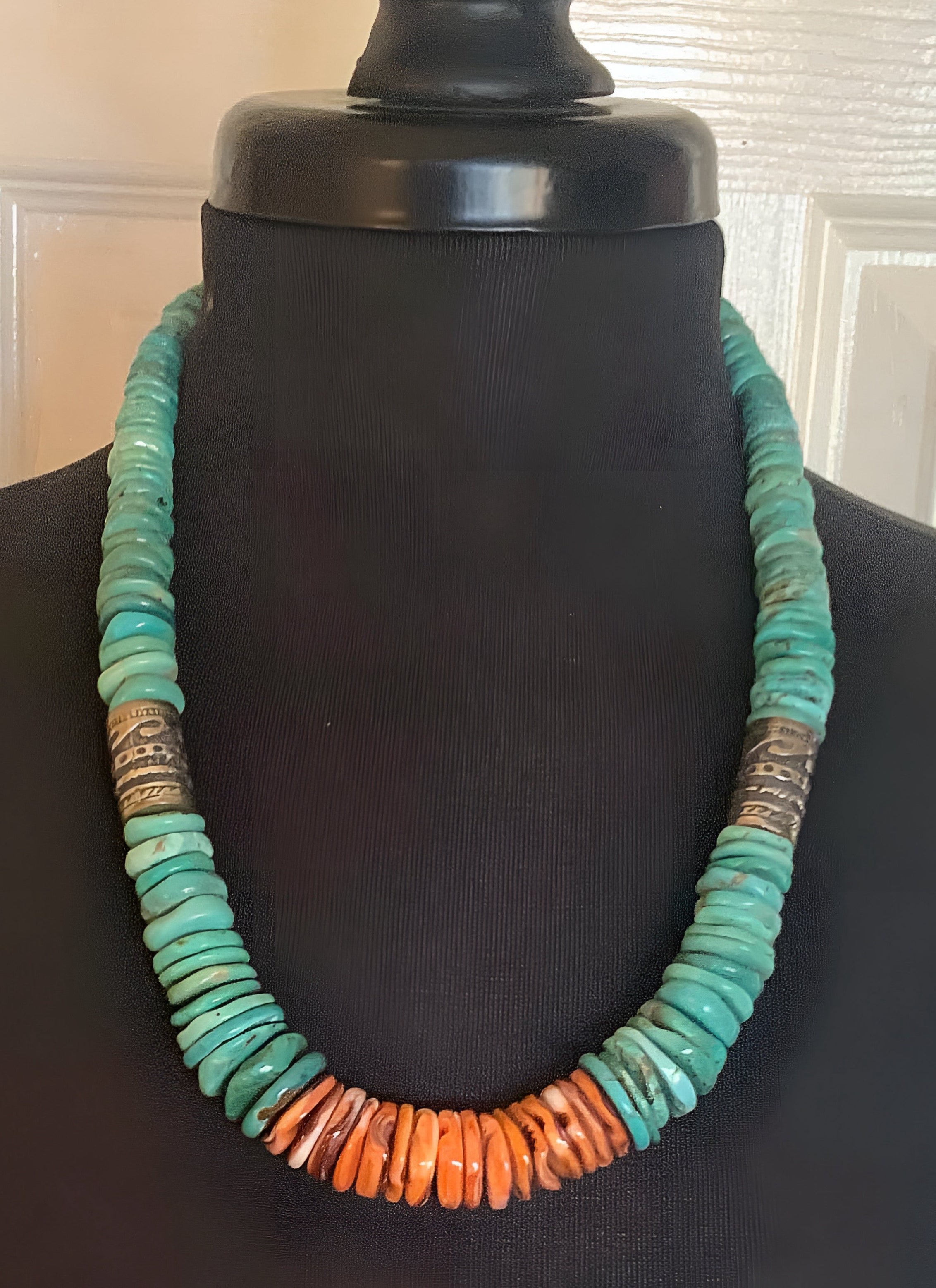 Turquoise and Spiny Oyster Graduated Disc Bead Necklace With Sterling Silver Singer Type Southwestern Beads