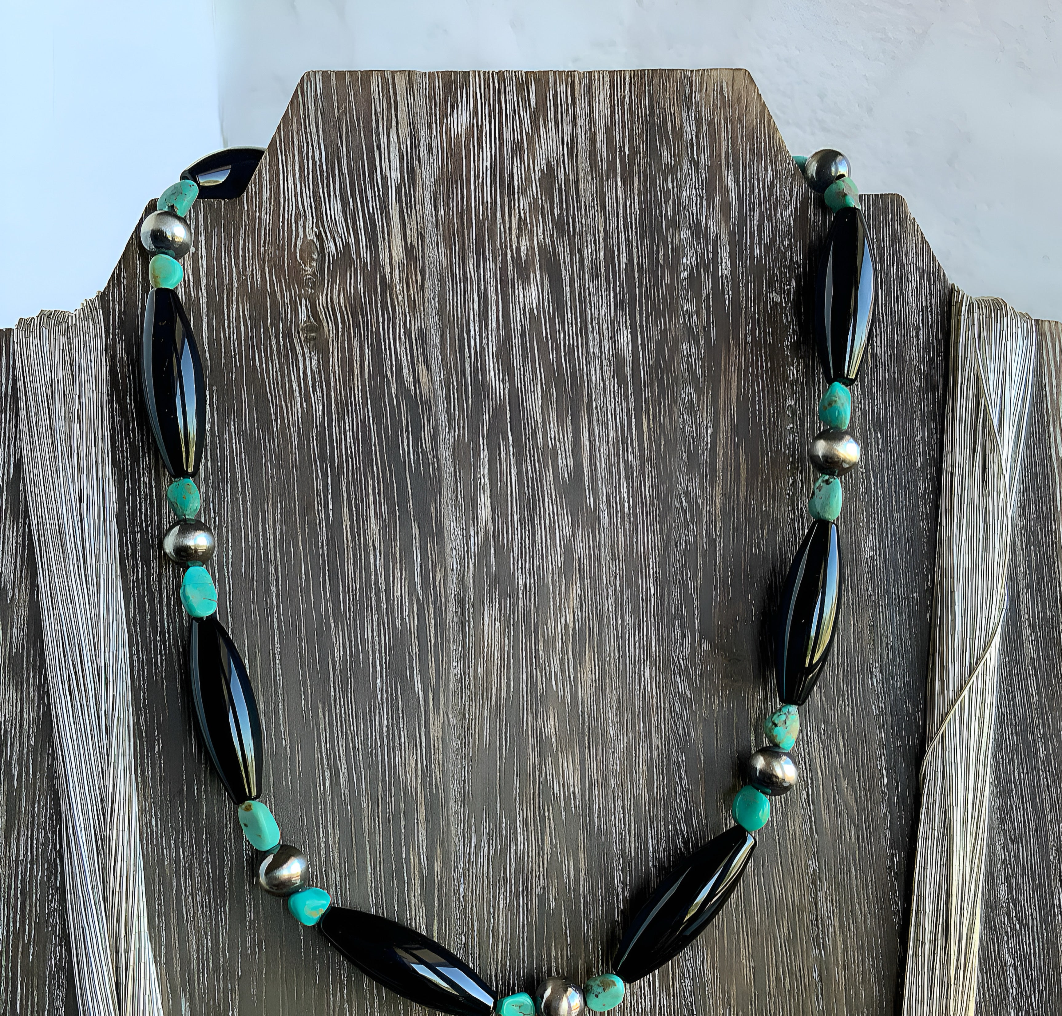 Southwest Style Necklace with Black Onyx, Turquoise and Sterling Silver