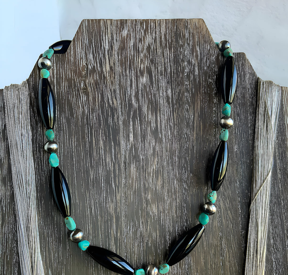 Southwest Style Necklace with Black Onyx, Turquoise and Sterling Silver